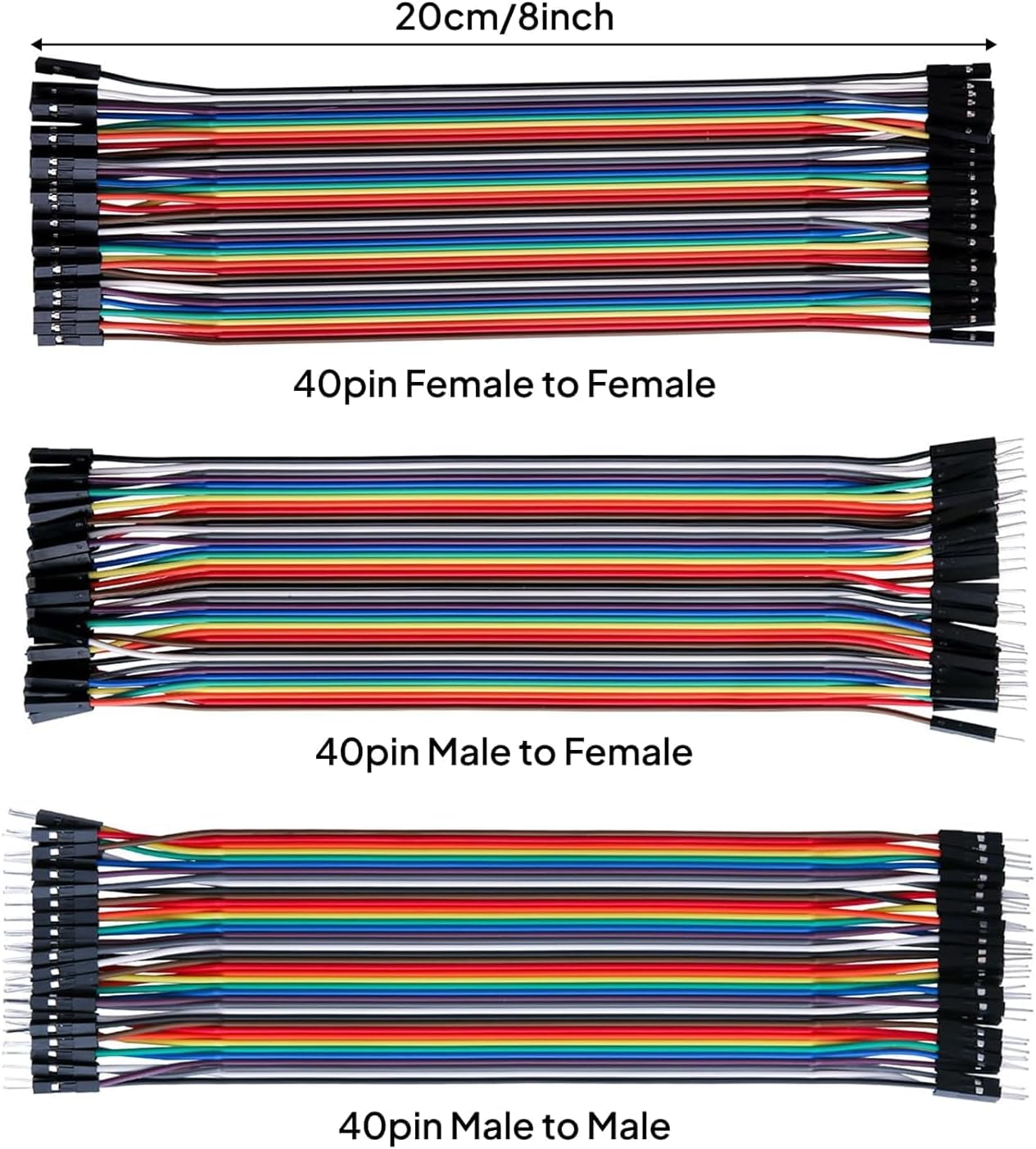 ELEGOO 120pcs Multicolored Dupont Wire for Arduino, 40pin Male to Female, Male to Male, Female to Female, Breadboard Jumper Ribbon Cables Kit Compatible with Arduino kits