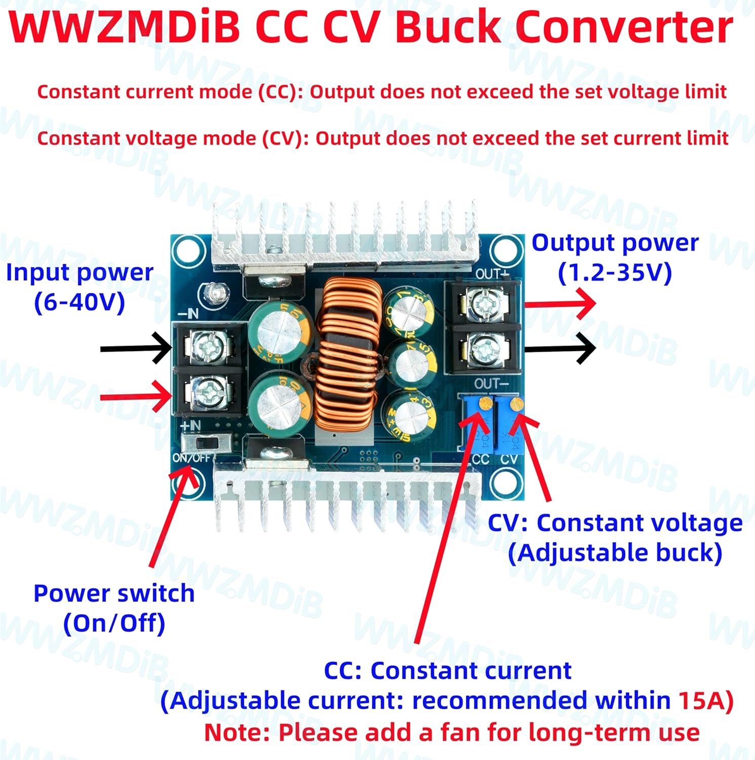 WWZMDiB Constant Current CC CV Buck Converter Module DC 6-40V to 1.2-36V 20A 300W Adjustable Step Down Voltage Regulator Power Supply Module with Short Circuit Protection Function