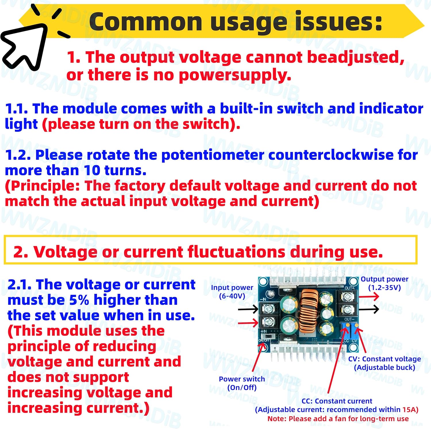WWZMDiB Constant Current CC CV Buck Converter Module DC 6-40V to 1.2-36V 20A 300W Adjustable Step Down Voltage Regulator Power Supply Module with Short Circuit Protection Function